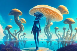 woman in a tight suit, on the shores of an alien world, with mushrooms, with jellyfish tentacles floating in the air, photorealistic, Detailed Matte Painting, Deep Colour, Fantastical, Intricate Detail, sunshine, blue sky