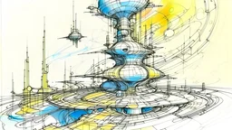 moebius line drawing style with watercolor of a spaceport
