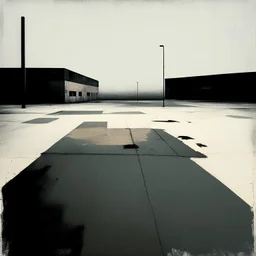 Minimal contemporary abstract oil paintings of desolate 1960s carpark with road markings and concrete fragments. Lone figure. Overlay with grungy typography graphics. style of Justin Mortimer and Francis Bacon.