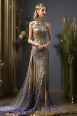 Stunning utopian gown with lavender and gold, standing model
