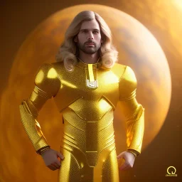 beautiful cosmic golden male, long hair, nice smiling, delicate colors, beautiful glamour galactic golden dress, ultra sharp focus, 8k, unreal engine 5, extremely sharp detail, light effect, soft light atmosphere of a spaceship, smooth, full of details, face in front, complete vision of face and body