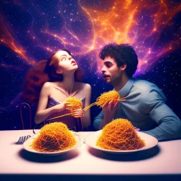 the lady and the tramp eating spaghetti, cinematic, epic glowing galaxy background, deep depth of field, 3D, constellation map, 16k resolution photorealistic, bokeh, a masterpiece by Alberto Seveso, breathtaking intricate details, realistic and lifelike cgi diorama, dramatic natural lighting, reflective catchlights, high quality CGI VFX fine art