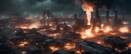 photo raw, movie film still screengrab, 8k uhd, 1986 movie, ultra-wide aerial shot of a refinery at night with plumes of fire, sharp focus, complex lighting, backlighting, rim lighting, award winning, by weta workshop, artstation, james cameron movie look, aliens, advanced warfare concept art, metal gear solid hideo kojima, f22 raptor, f35b, dark, grim, low-key lighting, moisture, 35mm film look, film grain, night lighting, dark environment,