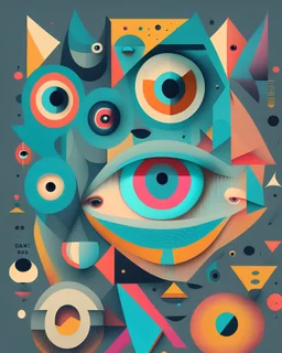 geometry abstract ,2d , soft colors, Malevic style, dark, random typographic characters, "BIG EYE", big mouth