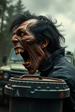 side profile, "GARBAGE TRASH BIN IN FRONT" man in super blackscary (autofarm) in movie poster moviestyle horror look. as five headed mouth open, rough teeth, turn head around, landrover crash in background(&*&*^%$^#%$#%$^%$#^#$#^%#$^$#