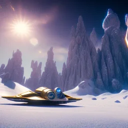 Spaceship landed on snowy mountain, sunny day. clear blue sky. gold. Elegant. Extremely detailed. Award winning photography. Fantasy. 8k. Cinematic lighting. Photorealistic. Dynamic lighting. Imperial colors. Crisp quality. Unreal Engine. Colourful cinematic postprocessing. Pixar. VRay.