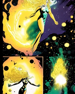 A page from a comic book with a woman body dissolving in cosmos, particles body, full disintegration