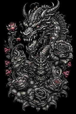 baroque, intricate high details, image of evildaliendemondeathknight cyberpunk, roses, dragon, in lines, perfect illustration realistic, BLACK BACKGROUND, the best style vintage tattoo art, for t-shirt DESIGN realistic