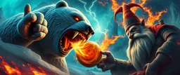 awake within a dream, epic movie poster, fire drop polar bear vampire eating thunder swirling melon with thumbs up grabbed by throat vs gnome goblin rock priest zombie war lord, fish eye lense