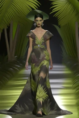 Model in runway wich dress with orchids, palm and olives trees with tulle printed in 3D