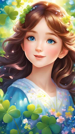 In this delightful children's illustration, you'll find a beautiful anime girl with shiny brown hair that sparkles in the sunlight. Her head is adorned with full clover leaves, carefully stitched to add a touch of magic. Her lovely bright blue eyes twinkle with excitement as she explores a world filled with colorful and beautiful flowers. The digital painting bursts with vivid and vibrant colors, creating a lively and captivating scene that will capture the imagination of young viewers.