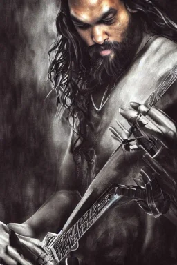 Jason Momoa like a cyborg,playing guitar,detail,textures