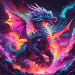 Dragon in a vibrant synthwave dreamscape, neon chaos swirling energetically around pixelated forms, a dynamic fusion of retro gaming nostalgia and futuristic abstraction