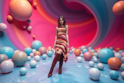 beautiful full body with long boots and midi dress lady in surreal stage made of fractal random size spheres with helical strip colors in clothing similar to environment full body posing to camera