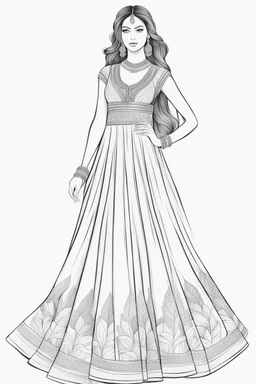 coloring page for adults of fashion model wearing hindi dress, thick and clear lines hair, full body portrait, style clean coloring page for adults, cartoon style, clean line art high detailed, white background, coloring book style, 8k, no-shading, thick lines hair, no-grayscale, lines hair