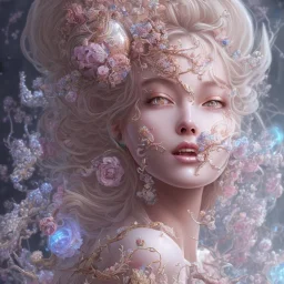 fantasy magic, intricate, sharp focus, illustration, highly detailed, digital painting, concept art, artgerm and paul lewin and kehinde wiley, masterpiece sexy lips with smile Asian lady body flowers head silver bright rain lady outer space pretty, pink blue