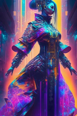 affluent female martial arts gown psychedlic cyberpunk