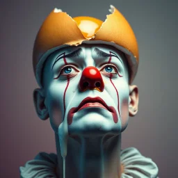 A lone and sad clown in a vibrant A surreal, hyper-realistic digital artwork of a human man clown with a cracked eggshell as the top of his head, revealing a raw egg yolk and egg white spilling down his red nose and his face face. The clownn’s facial expression is introspective and solemn, with piercing blue eyes gazing upward. The egg yolk is glossy, vibrant orange, and the egg white drips realistically down his sad face, emphasizing texture and gravity. The background is a sidewlk, soft gradie