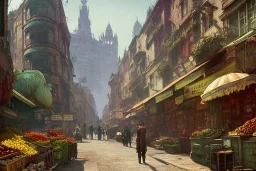 A greengrocer in colorful varanasi street+Gothic city+BioShock+Dishonored+Bloodborne +trieste+Edinburgh+Chicago+victorian London+decòpunk Skyscraper+ +steampunk+biopunk+alphonse mucha, greg rutkowski,matte painting, cryengine, hyper detailed, felix kelly, fantasy art, seb mckinnon