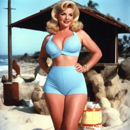 [high res colour photo by Russ Meyer: pull-up diapers] blonde Sally has an idea for a business. She knows that there were incontinent women like herself with large busts out on the beach and she is missing adult thick pull-up diapers with the matching bras. Her concept is to pair diaper designs with bra designs, specifically themed for outdoor wear.