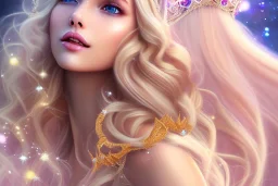 smiling, beautiful, soft,smiling, straight and long blonde hair, dewy and shiny atmosphere, diamond crown, long fairy wings in the back, full head, curly hair, golden veil clothes, bacground pink and blue