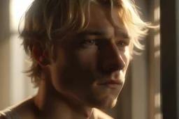 A macro portrait of an athletic teen boy with honey brown eyes, messy golden blond hair, cute, innocent and thoughtful, leaning against a window, a hint of facial hair, no shirt, shirtless, inside an empty room with warm sunlight streaming in, detailed, high definition, 4K, 8K, quality render