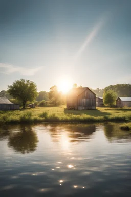 portrait of a farm with water and sun in the sky