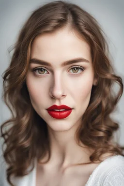 a portrait of a cute swedish girl with brown hair and large brown eyes and big red lips in her 20s