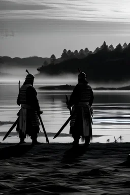 en un amanecer 2 samurái enfrentado sus espadas en la rivera de un lago, con una multitud observándoles desde la distancia en plano general de izquierda a derecha en estilo monocromía