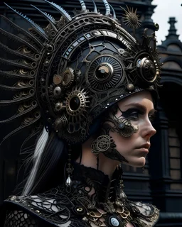 Solarpunk chrystal vantablack black satin brokade ivory carved filigree woman portrait adorned with decadent goth vantablack chrystal carved headdress and half face masque solar punk armour dress ribbed with quartz agate azurit and mineral Stone carved obsidian metallic filigree dress and armour and embossed solar punk headdress organic bio spinal ribbed detail of rainy gothic cityscape bokeh background