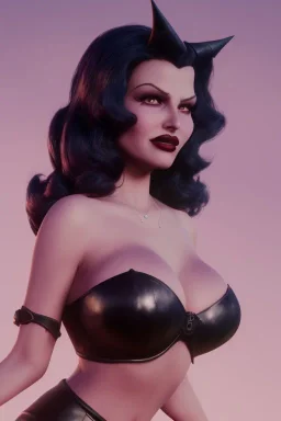 Rita Hayworth as evil queen in black leather, busty, cleavage, curvy, angry, stern look. character design by cory loftis, fenghua zhong, ryohei hase, ismail inceoglu and ruan jia. unreal engine 5, artistic lighting, highly detailed, photorealistic, fantasy