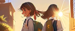 School student, school uniform, Omani, smiling slightly, from behind, school, students, morning, sun,cartoon,The girl looks forward