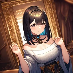 Clear focus, High resolution, [1girl], [solo], {cute art style},{in bedroom},{{{ultra detailed}}},{{masterpiece}}, {{ultra detailed}}, {ultra quality}, {dramatic shadows}, {cinematic lighting}, intricate expression,(wearing a off-shoulder maid outfit),({{{Close up of eye}}},(Medium length brown hair, kinda purple, fluffy, hair between eyes)