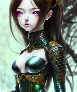 Detailed cute anime Kunoichi girl, long brown hair, green eyes, black latex bodysuit, intricate details, full body portrait, keep head in frame, slight smile, black Japanese motif, concept art, highly detailed, digital painting, concept art, sharp focus, illustration, art by Yoji Shinkawa, WLOP and greg rutkowski and alphonse mucha and artgerm and yanjun Chen and Junji ito and Makoto Shinkai, HDR, octane render