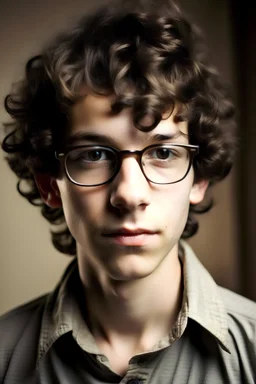 Shy 15 year old nerdy boy. curly hair and glasses. Cute face. Skinny. Short.