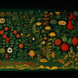 A dark green field with flowers designed in Navajo woven art painted by Pieter Bruegel the Elder