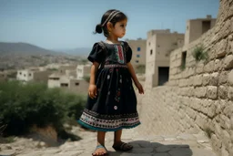 A five-year-old Palestinian girl wearing a traditional dress and new shoes looks to the side and points at a distant building.