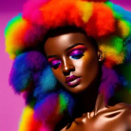 masterpiece, best quality, woman, dark skinned, sparkling eyes, fluorescent skin, colorful makeup, afro, highly detailed body, sun light, 4K, RAW, depth of field, high contrast, realistic details, 24mm