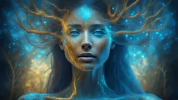 The photo is done in a bioluminescent and bioluminescent art style depicting a divine tree woman, double exposure, Bioluminescent wet translucent glowing skin, ethereal glowing eyes, embossed, long neck, perfect face in ultra-realistic details, blue shades, gold, flowing hair, Composition imitates cinematic film with dazzling, golden and silver lighting effects. Intricate details, sharp focus, crystal clear skin create high detail. 3d, 64k, high resolution, high detail, computer graphics, hyperr