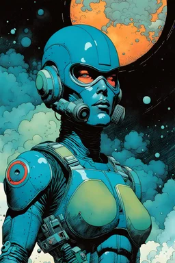 create an imaginative amorphous female extraterrestrial cybernetic rogue trooper with finely detailed facial features, military cut hair, witnessing the destruction of Earth , in the comic book art style of Bill Sienkiewicz, Mike Mignola, and Jean Giraud Moebius, finely textured, drawn, colored, and inked