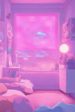 a drawing of the girl's room is adorned with neon and light up posters, in the style of pastel, anime aesthetic