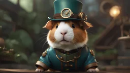 High-end hyperrealism epic cute fluffy realistic guinea pig hero wearing a steampunk hat that says “love you Ellis!”, Steampunk-inspired cinematic photography, asymmetric forest alley background, Aesthetic combination of metallic sage green and titanium blue, Vintage style with brown pure leather accents, Art Nouveau visuals with Octane Render 3D tech, Ultra-High-Definition (UHD) cinematic character rendering, Detailed close-ups capturing intricate beauty, 8K, autumn colors