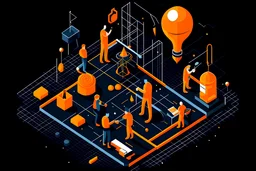 innovation - solarpunk theme illustration - people celebrating, isometric, orange elements, black background, happy people, scientific