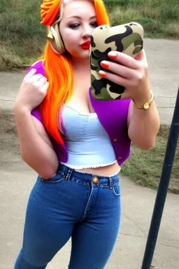 blonde taking selfie.thick thighs,thick calves,flat belly,curvy fell. NOVEL kind of bolero is sewed of recycled rough Denim, which condescends with integrated bag[SIC]. It is sewed together of camouflage pieces, whose color are all denim colors, orange, cream and purple. Big colored headphones (gold rings!) is merged with small felt cap with small visor. It is with big bright purple felt tippet and birght-colored-hood is merged with colorful beanie. Style: Haute Couture, 1980's Finland