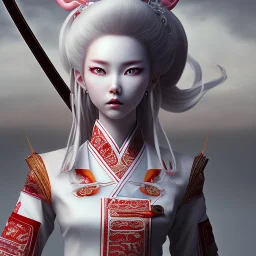 UHD, hd, 8k, hyperrealism, Very detailed, zoomed out view, full character in view, white hair female demon character wearing a hanbok with a white top and long red bottom, she holds a katana in her right hand, she stands in front of a Japanese style palace digital art, anime, full details