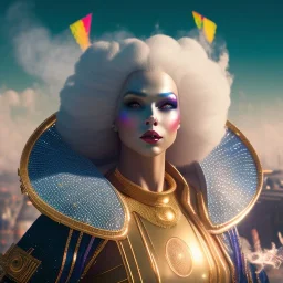 full body , cosmic woman,highly detailed, hyper-detailed, beautifully color-coded, insane details, city scape ,Ultra realistic mad max scene. clown man, color smoke fog, waist up view, Wes Anderson style, happy, highly detailed, concept art, unreal engine 5, god rays, ray tracing, RTX, lumen lighting, ultra detail, volumetric lighting, 3d, finely drawn, high definition, high resolution.