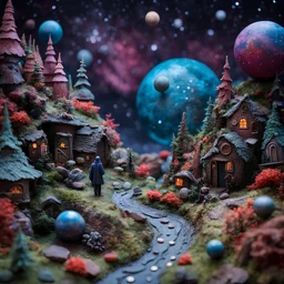 Detailed creepy landscape made of modeling clay, people, village, stars and planets, Roger Dean, naïve, Tim Burton, strong texture, Ernst Haekel, extreme detail, Max Ernst, decal, rich moody colors, sparkles, bokeh, odd, giant boy as a background