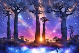 Photorealistic image (Masterpiece ) African savannah at night with starry sky and Baobab trees
