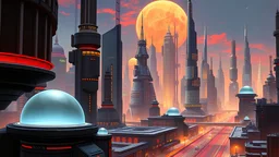 Ralph McQuarrie style concept art of a Futuristic sci-fi cityscape