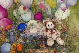 line art, watercolor wash, ( patchwork teddy bear sitting amongst flowers and balloons) brian froud style, carl larsson style, colourful palate, perfect composition, detailed background by daniel_merriamn summers day, studio photo, intricate details, highly detailed highly detailed elegant studio lighting intricate beautiful award winning crisp quality colourful very cute Daniel Merriam Daniel Gerhartz midjourney quality